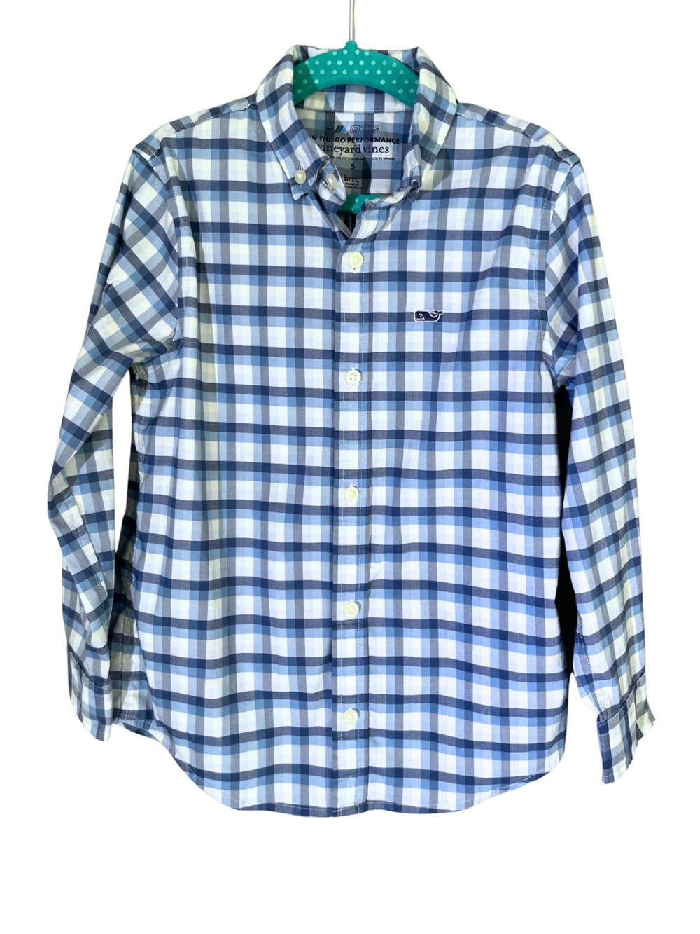 Vineyard Vines Boys Size 5 On‑The‑Go Performance Plaid Button‑Down Shirt Blue Mo